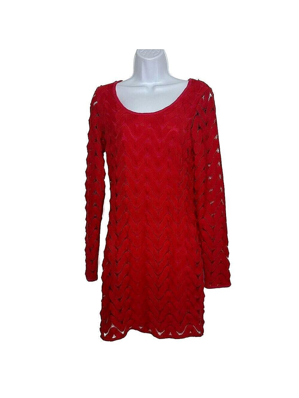 Free People Wild Thing Red Crochet Open Back Mini Dress, Size SM, Long Sleeve